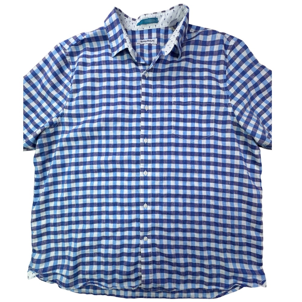 Tommy Bahama Mens XXL Linen Blend Gingham Short Sleeve Button Up Shirt Blue - Picture 3 of 8